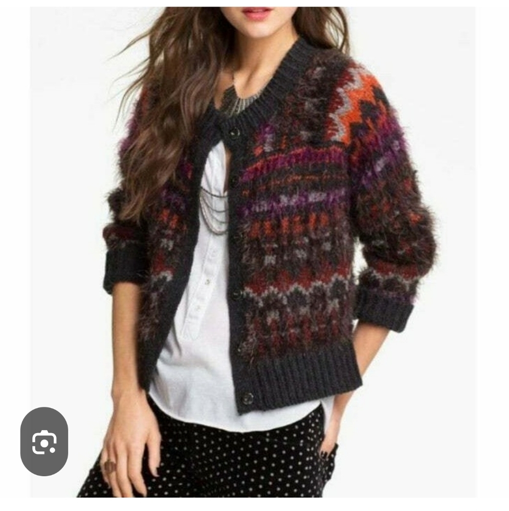 Free People Nordic Parti Eyelash Cardigan Sweater Fair Isle Alpaca Blend Size XS